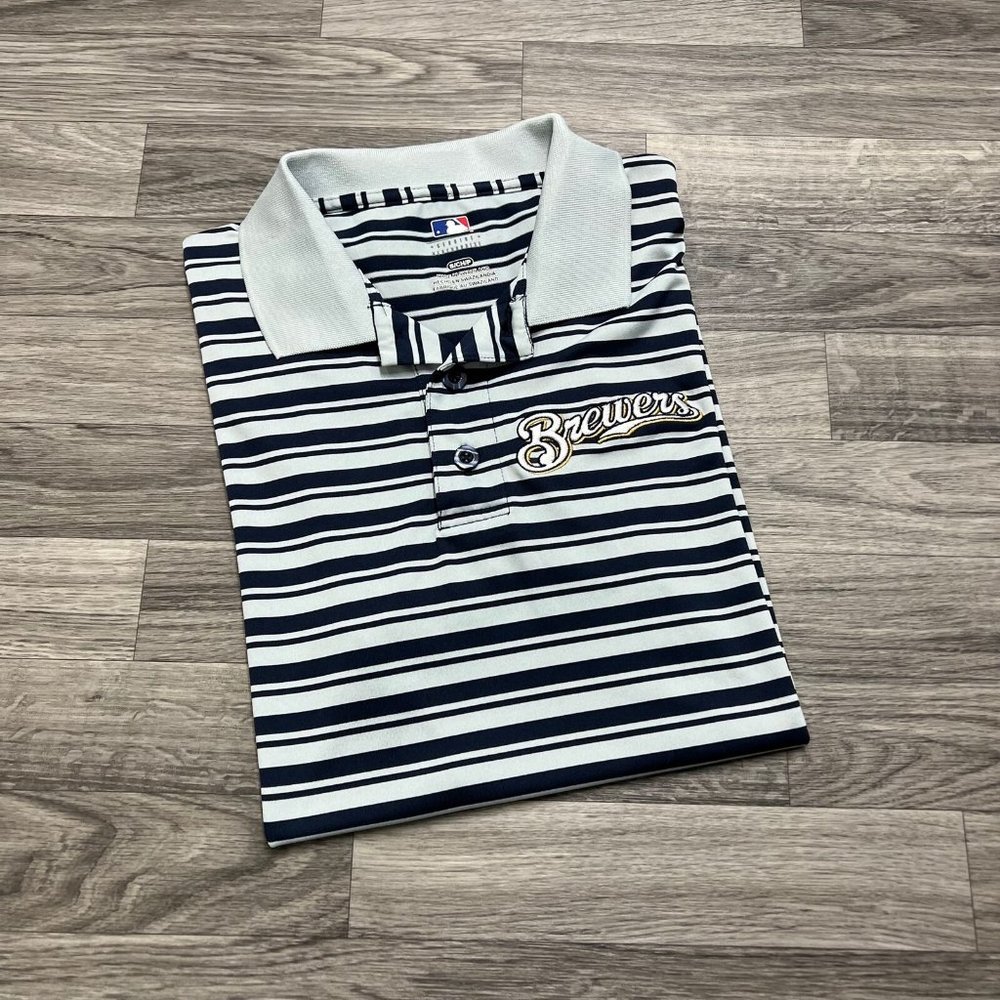 MILWAUKEE BREWERS MLB Button Front Black Striped Polo Shirt Men's Size Small